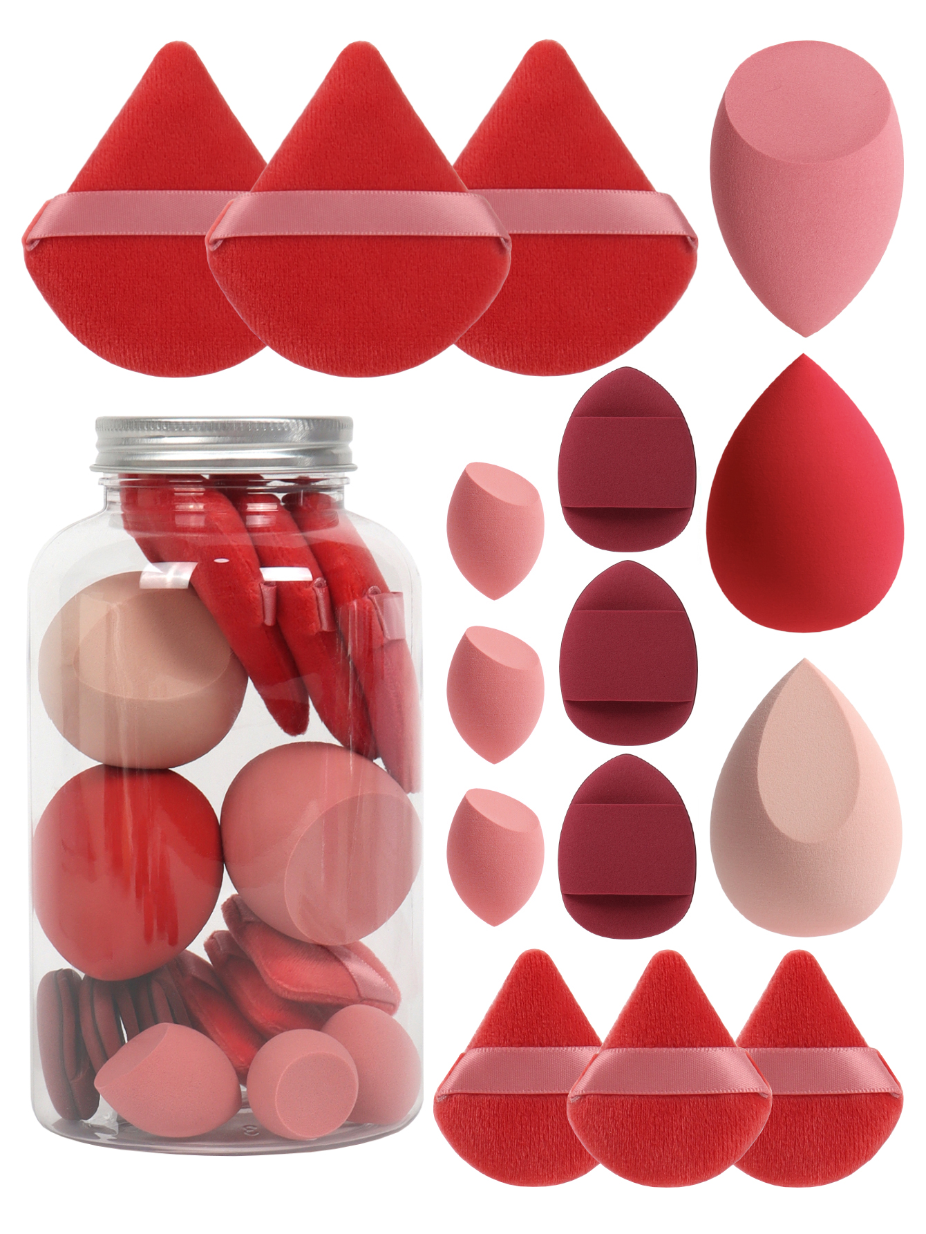 Primavera 15 latas, 3 esponjas para polvos sueltos y 3 mini esponjas para polvos sueltos y 3 mini huevos de maquillaje y 3 mini esponjas con cojín de aire, mezcla de bases: Rojo