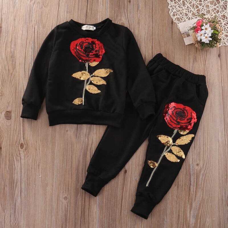 Brand Toddler Infant Kids 2PCS Girls Sequins Rose Outfits Clothes T Shirt+Long Pants Set Tracksuit Casual Set 2-7Y: Black / 4T