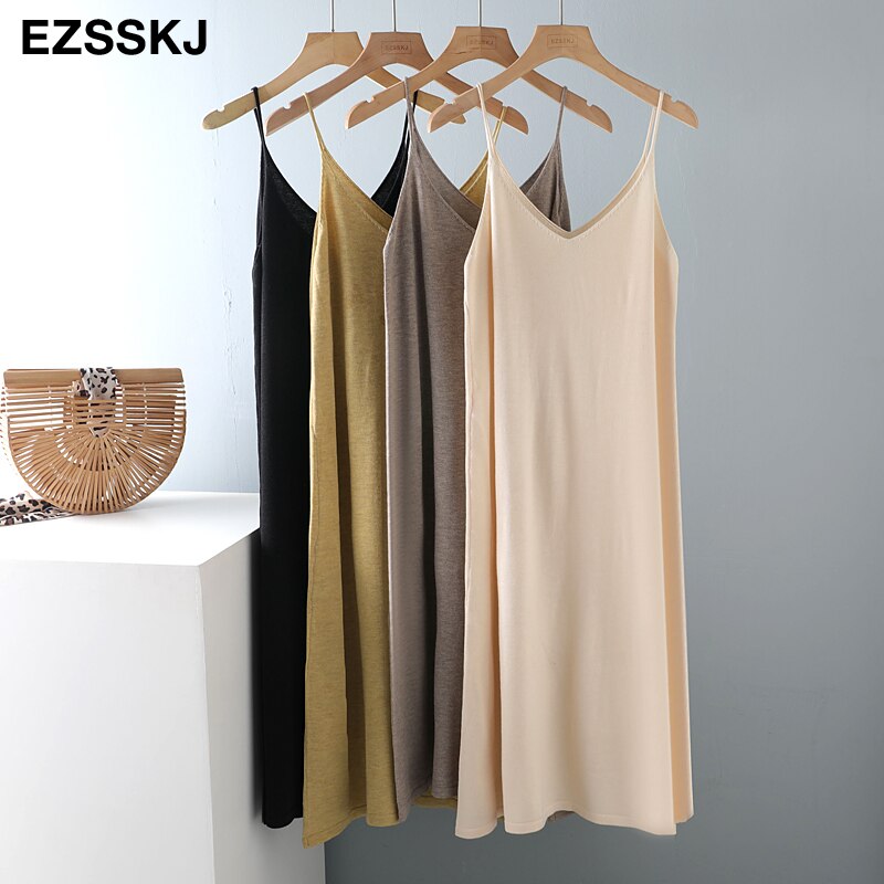 Chic a-line basic forår sommer kjole stropløs strikkjole kvinder løs camisole oversize lang kjole kvinde strik maxi kjole
