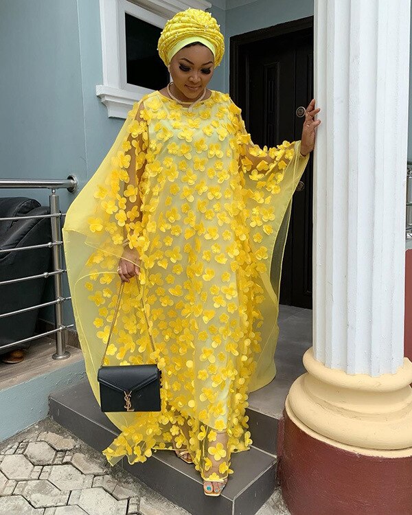 No Headscarf Super Size White African Dress For Women African Women Dashiki Loose Embroidery Long Dress African Clothes: Yellow