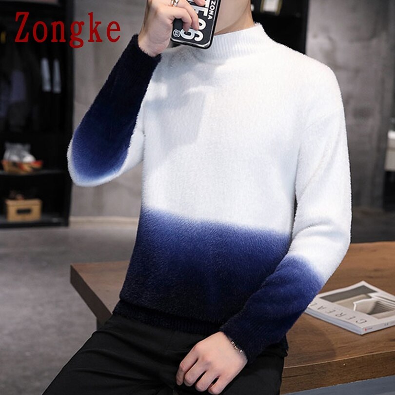 Zongke gradient färg turtleneck herr pullover turtle neck herrkläder ull herrtröja stickad m -3xl höst: Marinblå / Xxl