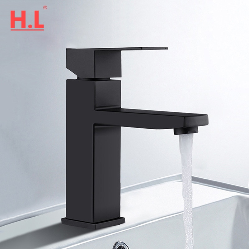 Grifo cuadrado negro para lavabo de baño, grifería de un solo mando para lavabo, montado en cubierta