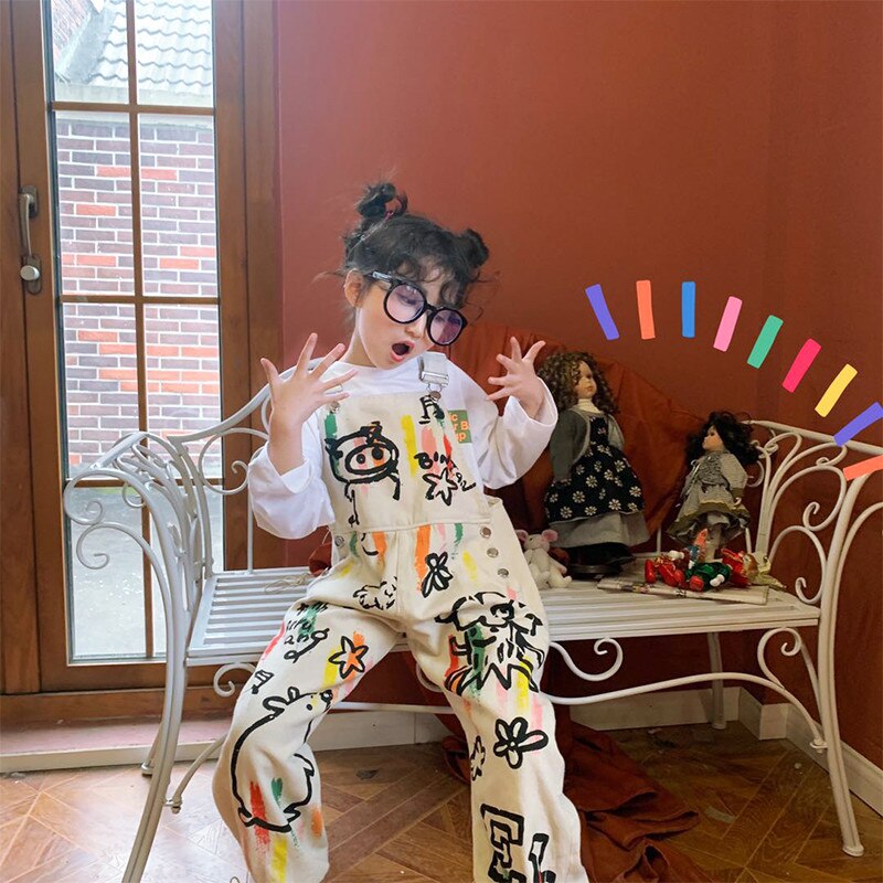 Mode print denim jumpsuit forår efterår løse overalls piger graffiti bukser børn casual jumpsuit 4-14y ws1427