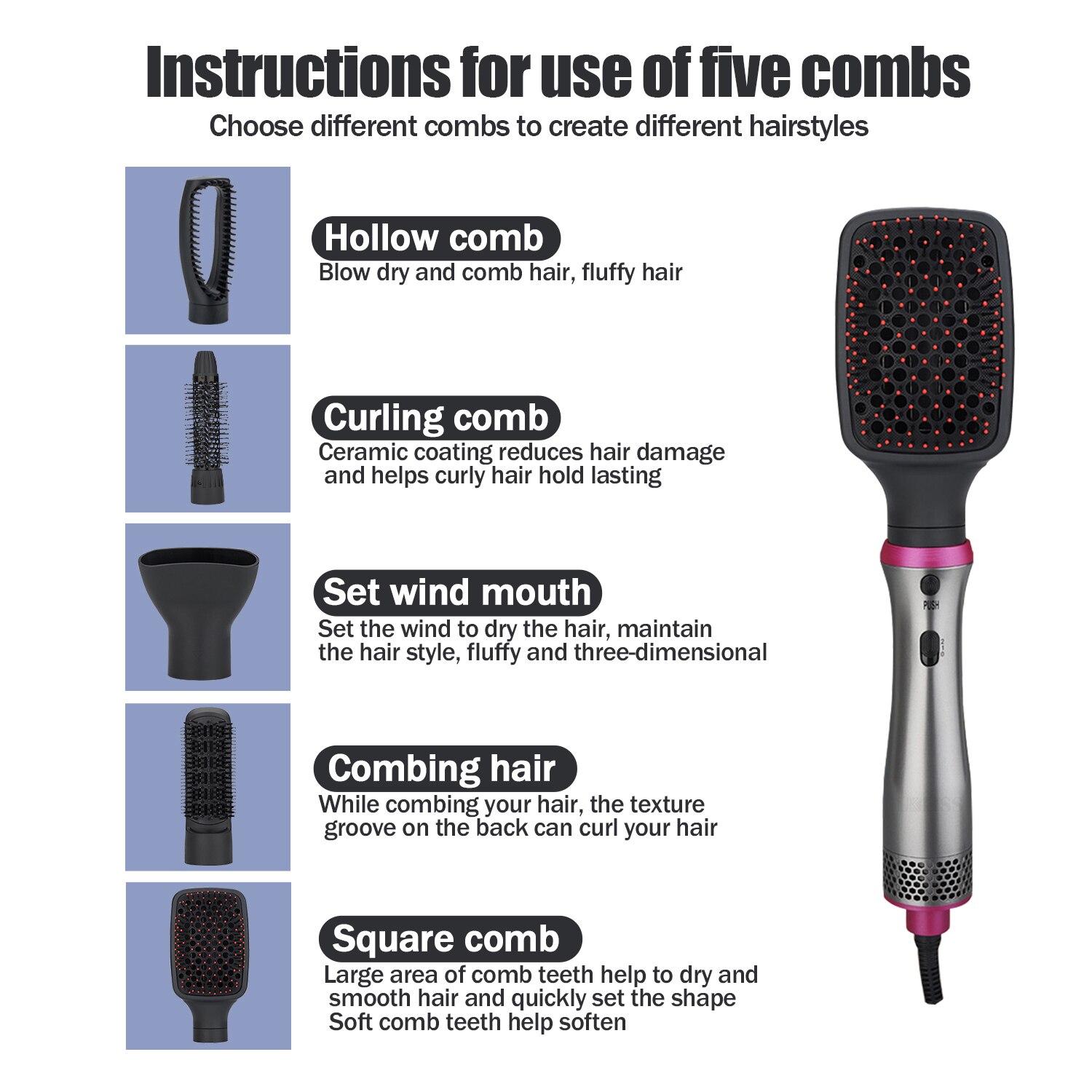 5 In 1 Air Brush Hair Dryer & Volumizer Styler Negative Ionic Electric Hair Dryer & Curler With Detachable Brush Heads