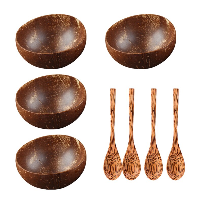 Sommar 12-15cm naturlig kokosnöt skål trä servis sked set kokos kök objekt ris ramen sallad hem dekorativ servis: 4 sked 4 skål