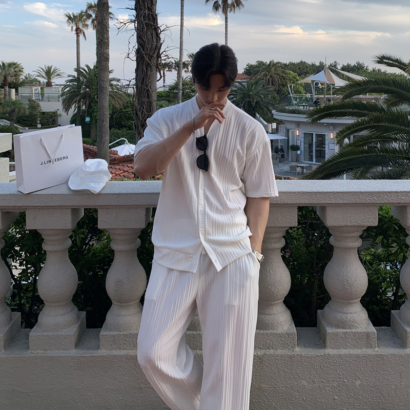 Costumes d'été amples en soie glacée pour hommes, décontractée, col en v, T-shirt à manches courtes et pantalon drapé, ensembles deux pièces, vêtements pour hommes