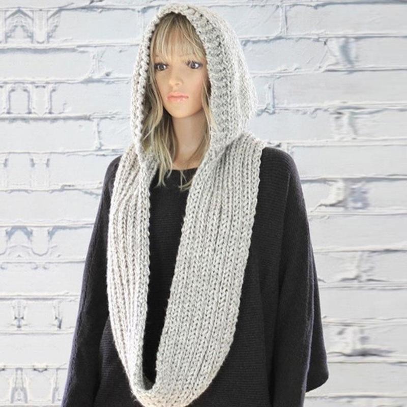 Winter Knitted Scarf For Ladies Keeping Warm Solid Shawl Wraps Hat Scarf Dual Purpose Cape