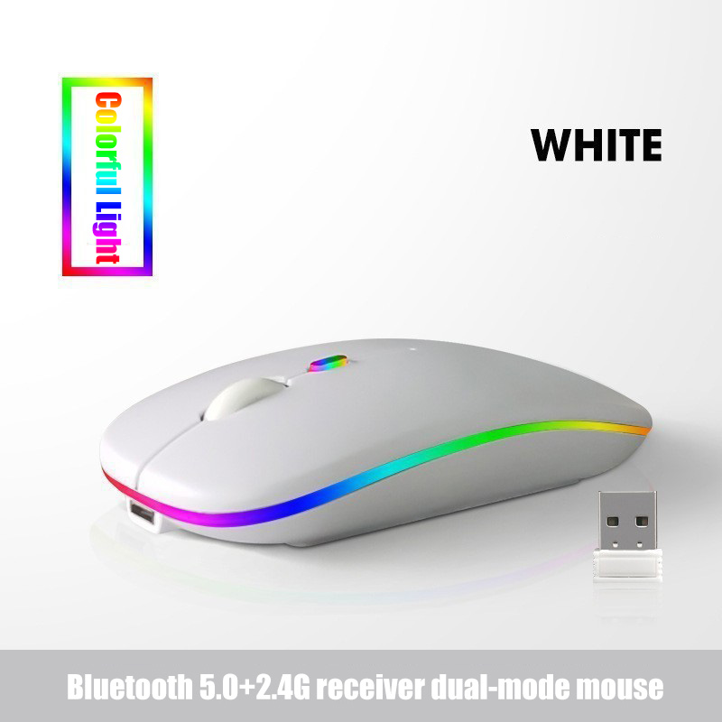 Bezprzewodowa mysz Bluetooth 5.0 2,4 GHz, z lampką USB z możliwością ładowania RGB, odpowiednia do laptopów, komputerów PC, Macbooków, myszy do gier 1600 dpi: WHITE