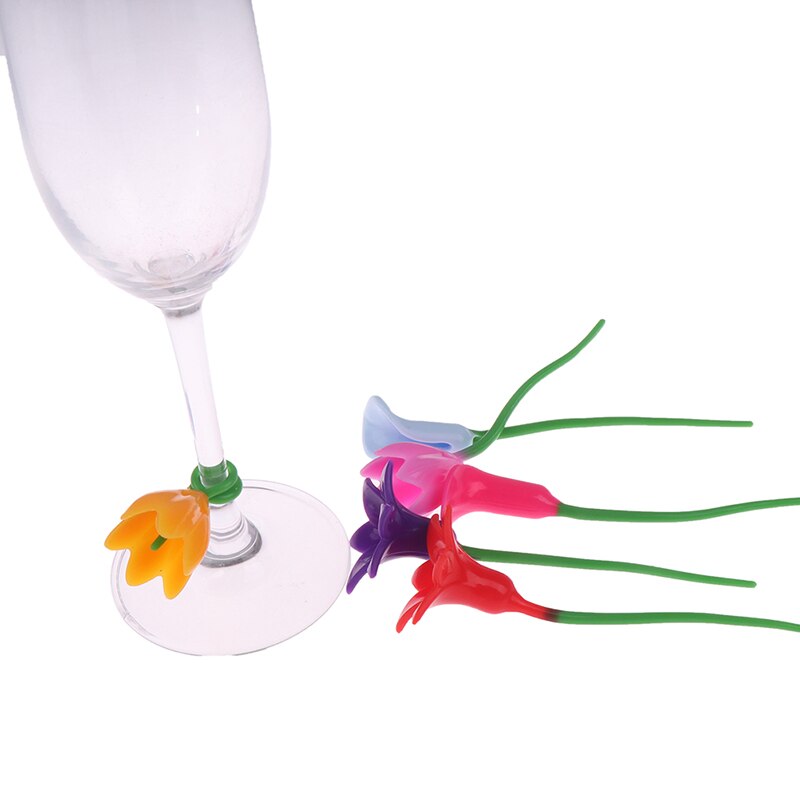 6 stk blomster vin kop markør silikone label fest dedikeret glas kop genkendelsesværktøjer til vinglas (tilfældig)