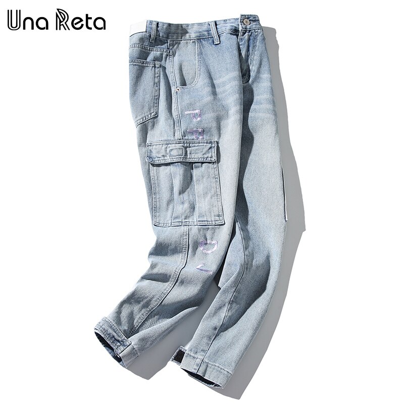 Una Reta Jeans Mannen Mode Hip Hop Heren Denim Joggers Street Style Elastische Taille Gewassen Streetwear Klittenband Broek Heren Jeans