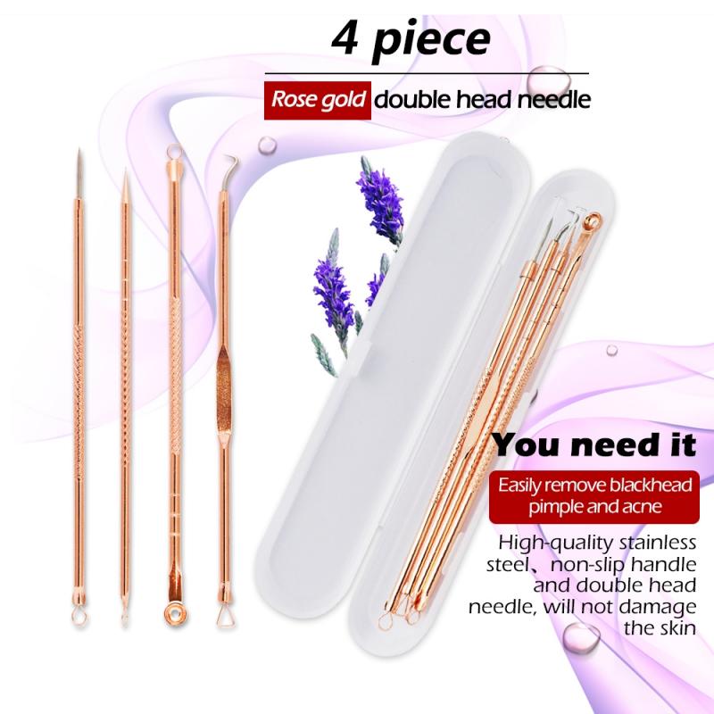 4pc Rose Gold Blackhead Pimple Needles Acne Extractor Remover Blemish Treatments Beauty Cleaning Pore Facial Skin Care Tool