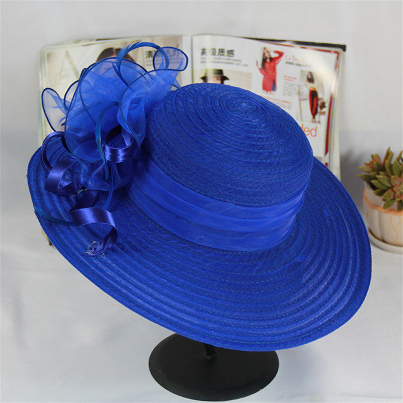 Kentucky Derby Floral Big Brim Hat Women's Organza Wedding Headwear Hat Foldable SunHat Beach with Beaded Festival hat: GRAY