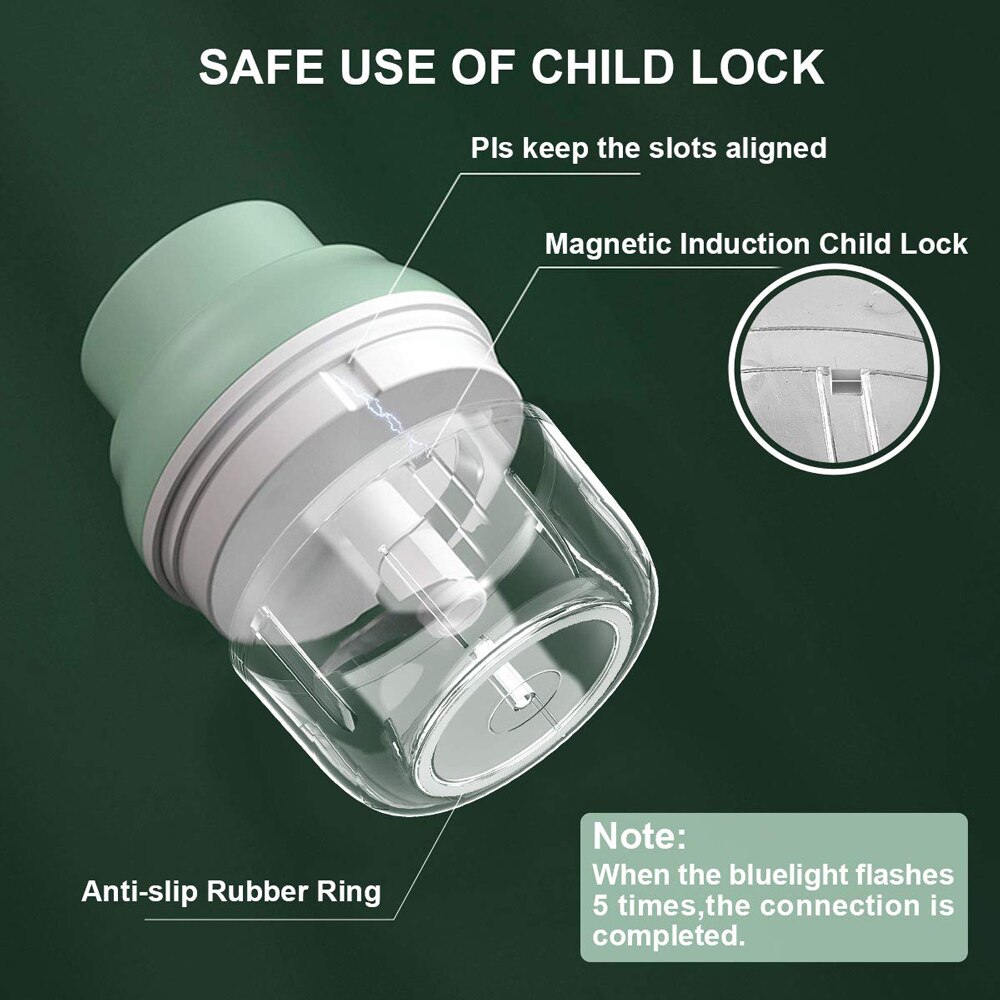 Groen/Wit Mini Keukenmachine Usb Opladen Krachtige Motor Gember Stamper Chili Vleesmolen Keuken Voedsel Mixer Gereedschappen 100/250Ml