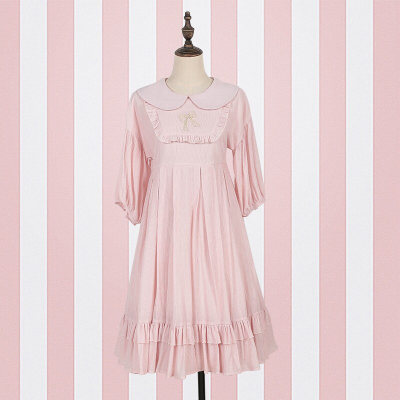JSK Japan Style Lolita doll collar dress Vintage babydoll dress bishop sleeve Juicy pleated dress: pink / M