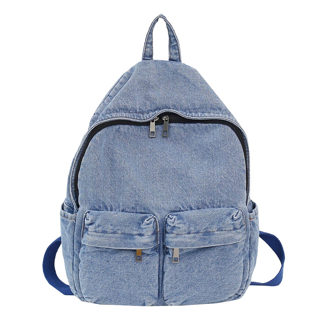 Denim Backpack Women Canvas Travel Bag Women High Capacity Solid Color Backpack Student Zipper School Bag: light blue