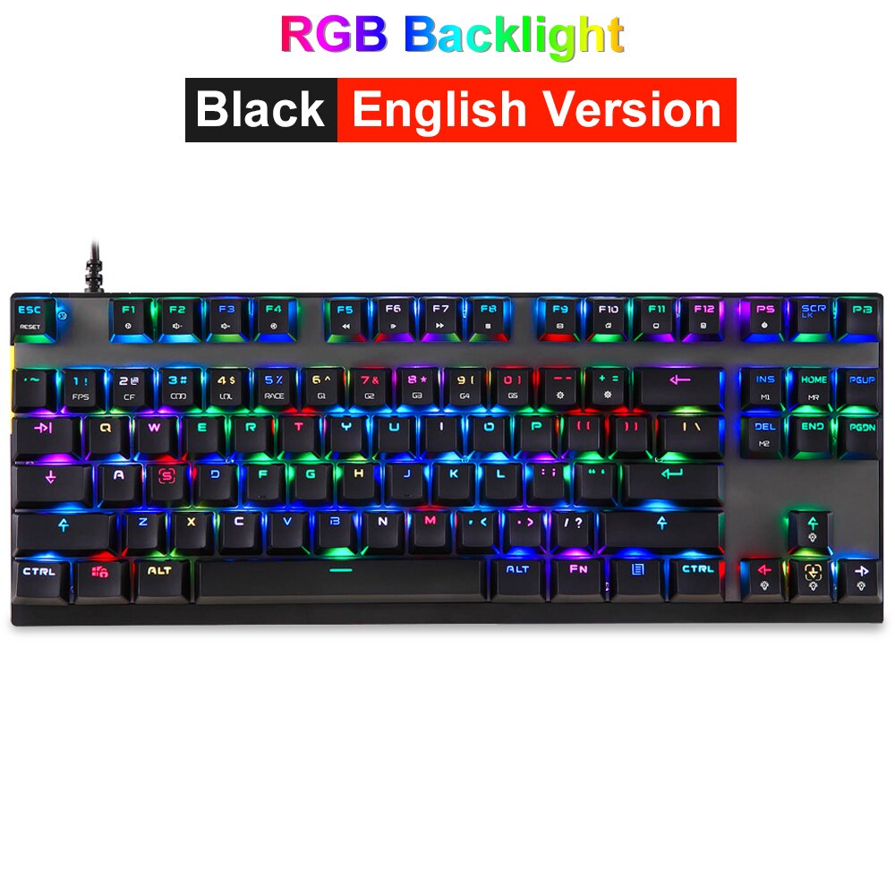 Motospeed USB Wired 87 Key Gaming Mechanical Keyboard RGB Backlit Russian Spanish for Computer Laptop Mac Windows Android: Black English / Red Switch