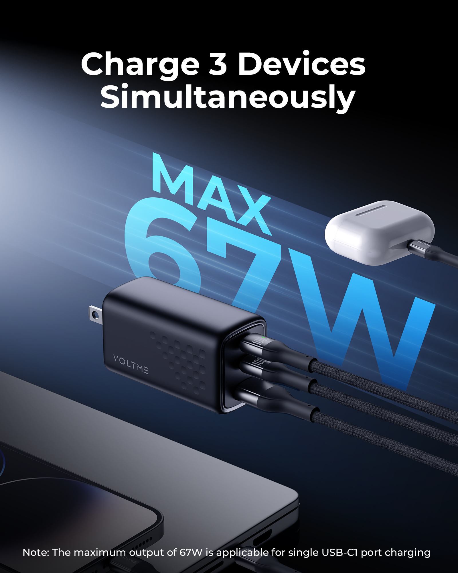 VOLTME 67W GaN chargeur Charge rapide 4.0 PD3.0 Charge rapide Type C chargeur pour Macook iPhone 15 14 13 Pro Max Samsung S23 Xiaomi