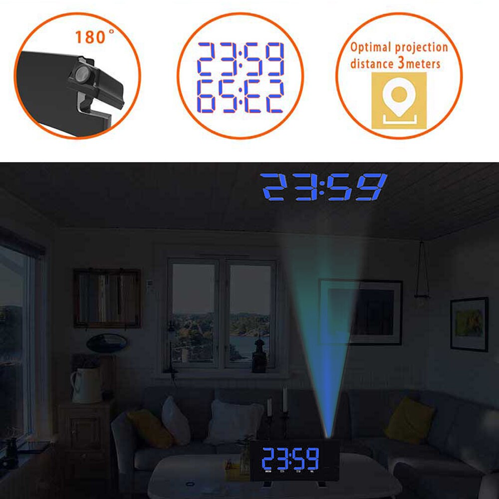 Digital Projection Alarm Clock LCD Radio Temperature Projector Calendar Time FM Projector Dimmer