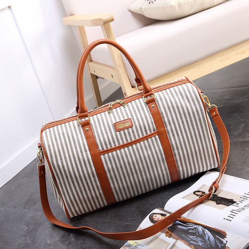 Canvas+PU Leather Women Travel Bag Striped Duffel Tote Large Weekend Bag Female Packing Cubes Suitcase Shoulder Bags: Beige