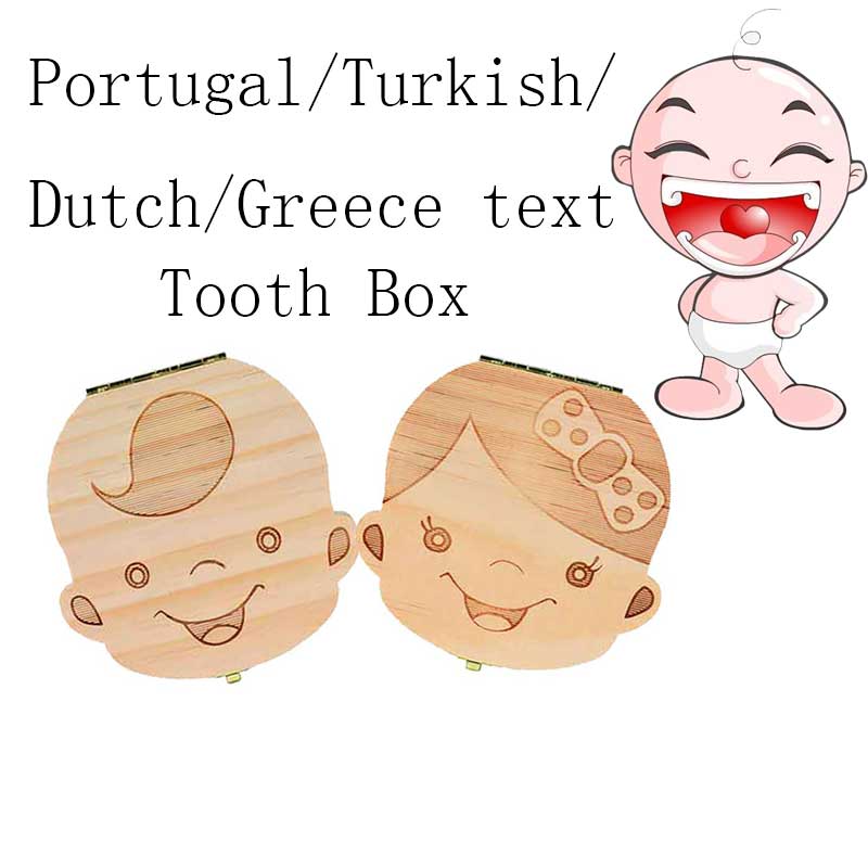 Tand Doos Portugue/Spaans/Engels/Nederlands/Frans/Russisch/Italiaans Hout Tand Doos Organizer Save melk Tanden Hout Opslag Tanden