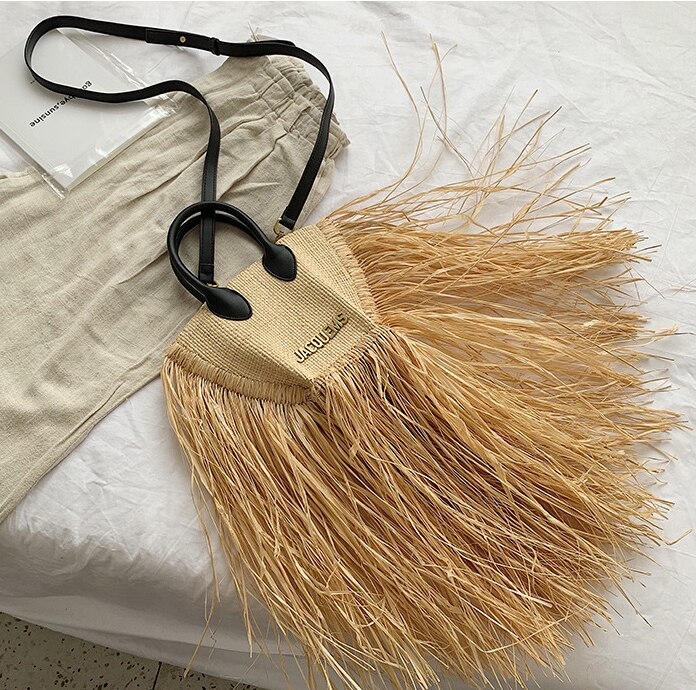 Sac à main en osier tissé pour femmes, sacs en paille avec pompon, lettres de styliste, à bandoulière, pour la plage, Bali: Black