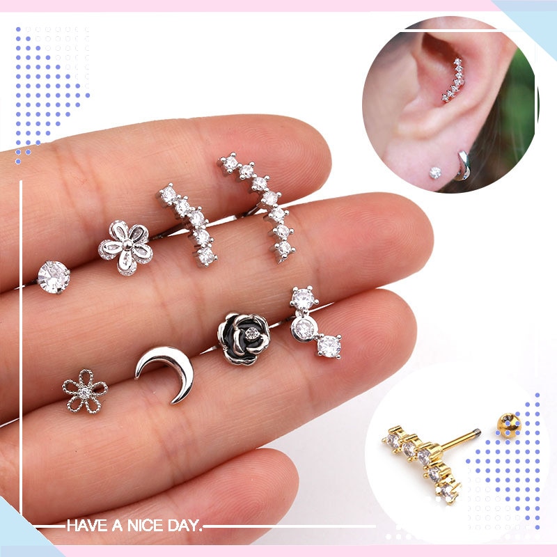 TTLIFE 1 Stuk Silver Rose Bloem Golf Maan CZ Oor Piercing Oorbellen Studs Elegante Vrouwen Tragus Helix Kraakbeen Piercing Sieraden