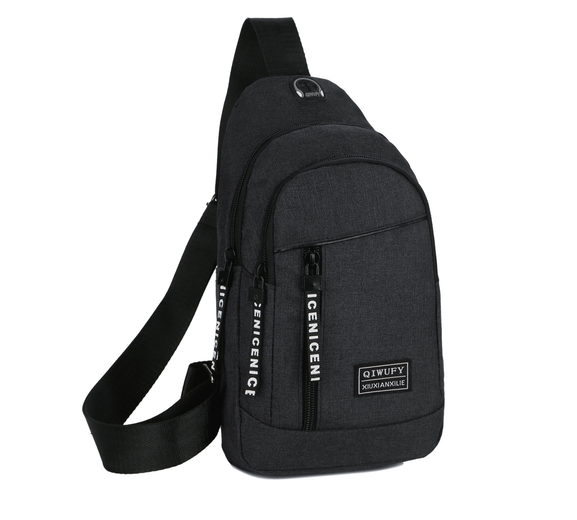 Brystveske herre messenger bag canvas skulder bag hodetelefon hull messenger bag skole kort reiseveske: 7505 svarte