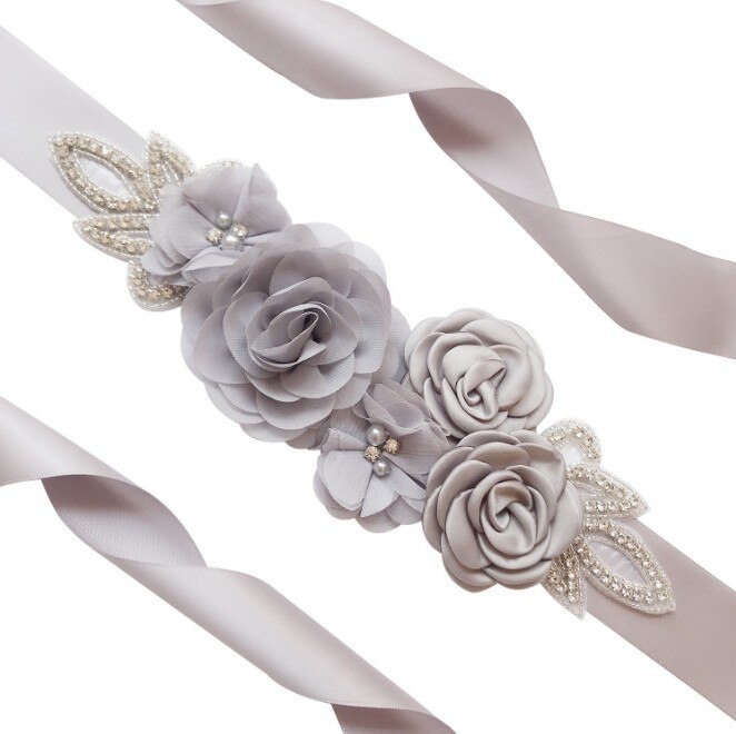 Green Blue Blush Pink White Flower Belts For Women Girl Flower Style Bridal Prom Dress Accessories Bridesmaid Sash Floral Belt: Gray
