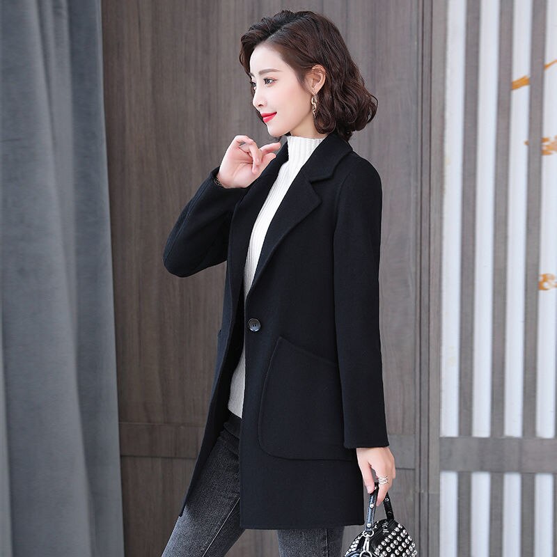 Woolen Coat Women&#39;s Mid-Length Slim 2022 Autumn And Winter Plus Size Women&#39;s Jacket: black / M