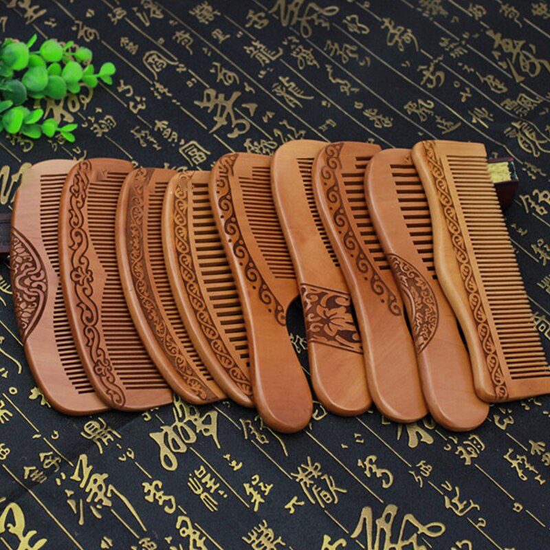 Natural Peach Solid Wood Comb Engraved Peach Wood Massage Comb Hair Care Tool Crafts Valentines Day Photo Props