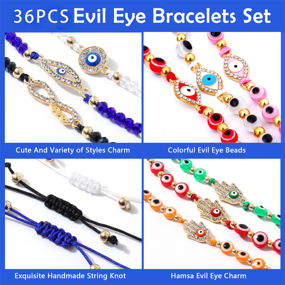 36 Stuks Evil Eye Armbanden Pack Mexican Braclets Set Ojo Armband Bescherming Amulet Enkelbanden Sieraden Cadeau Voor Vrouwen Meisjes Jongens