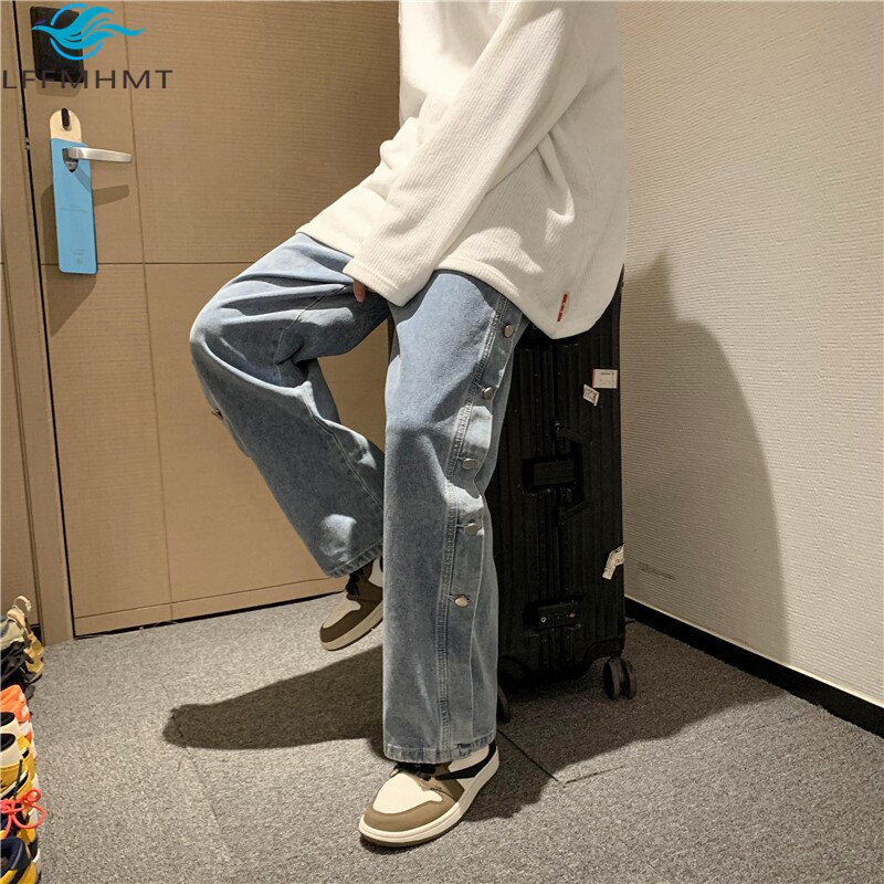 Winter Casual Joker Button Fly Jeans Loose Wide Leg Straight Denim Harajuku Trendy Cool Men Pants