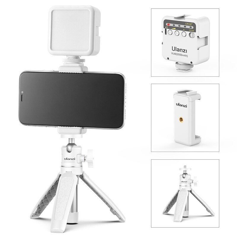 Ulanzi Mini Portable LED Video Light Triple Cold Shoe Rechargeable Vlog Fill Light Photography Lighting Tripod Kit CRI95+: White MT-08 kit