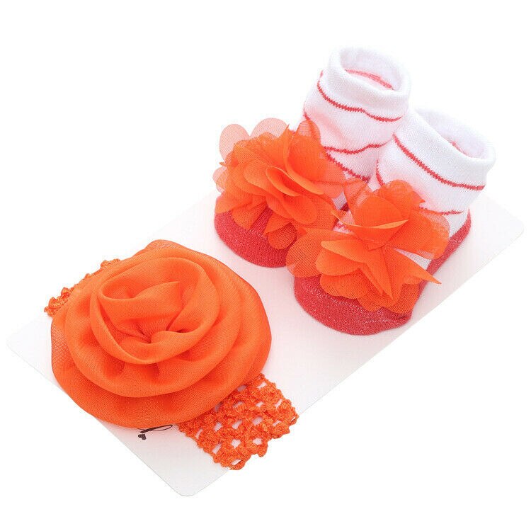 Newborn Solid Color Lace Baby Socks Bow Princess Cute Baby Socks+ Hair Band set