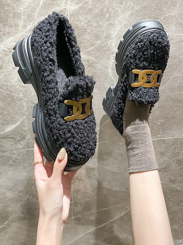 Damesschoenen platform herfst loafers met bont casual dames sneakers ronde neus instappers all-match klompen herfst instappers winter
