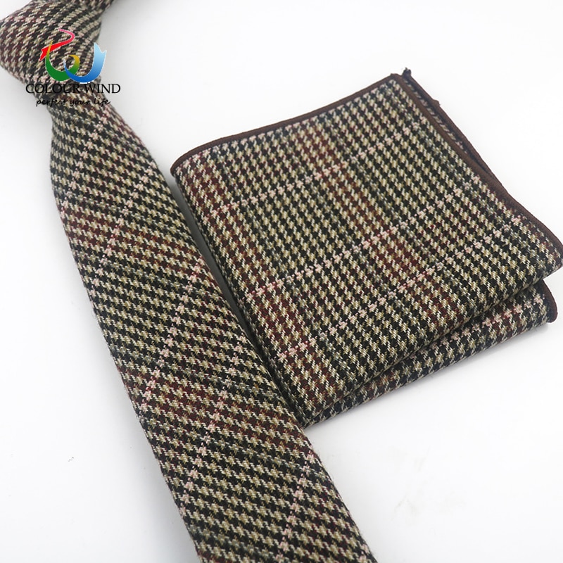 Formal Men's Wool Neck Ties Narrow Striped Solid Color Ties Set Soft Pocket Square Handkerchief Sets Lots