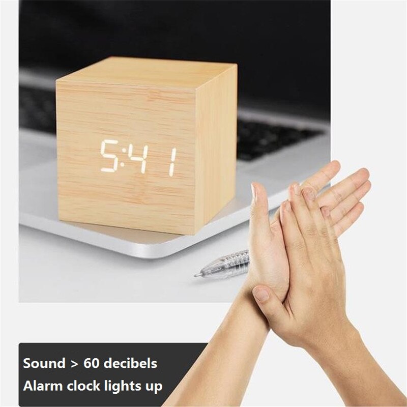 6*6cm Sounds Control Wooden Alarm Clock Modern Wood Digital LED Table Clock Thermometer Date Display Alarm Watch