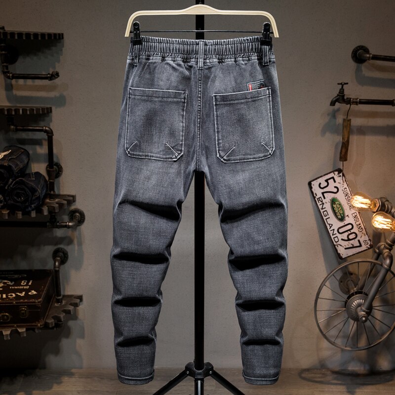 Plus Size 5XL 6XL 7XL Men&#39;s Elastic Waist Baggy Jeans 2022 Spring Denim Work Pants Male Trousers Grey Blue