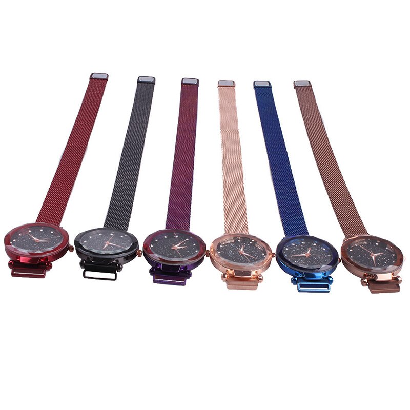 Luxe merk dameshorloge met diamanten wijzerplaat, dameshorloge met magnetische stalen armband en sterren, waterdicht horloge