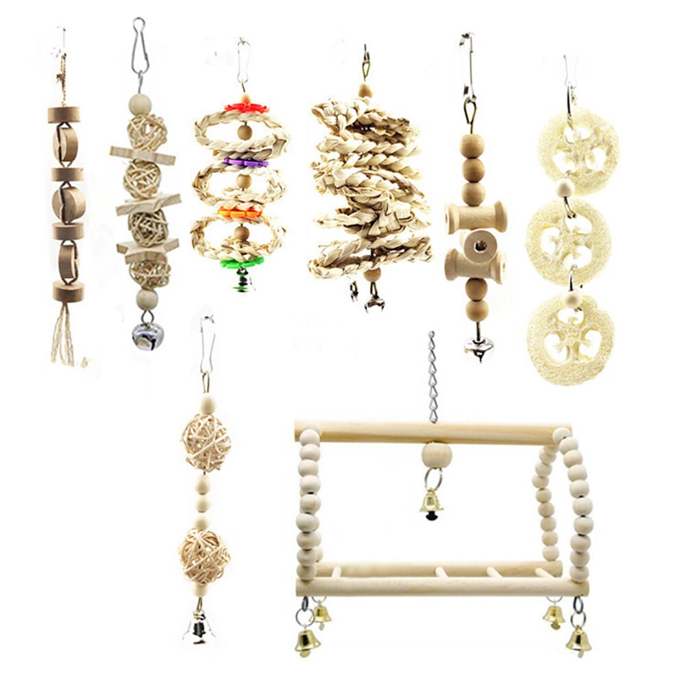 8pcs Wooden Swing Chewing Parrot Budgie Cage Hanging Training Home Funny Accessories Bird Toy Set Cockatiels Primary Color