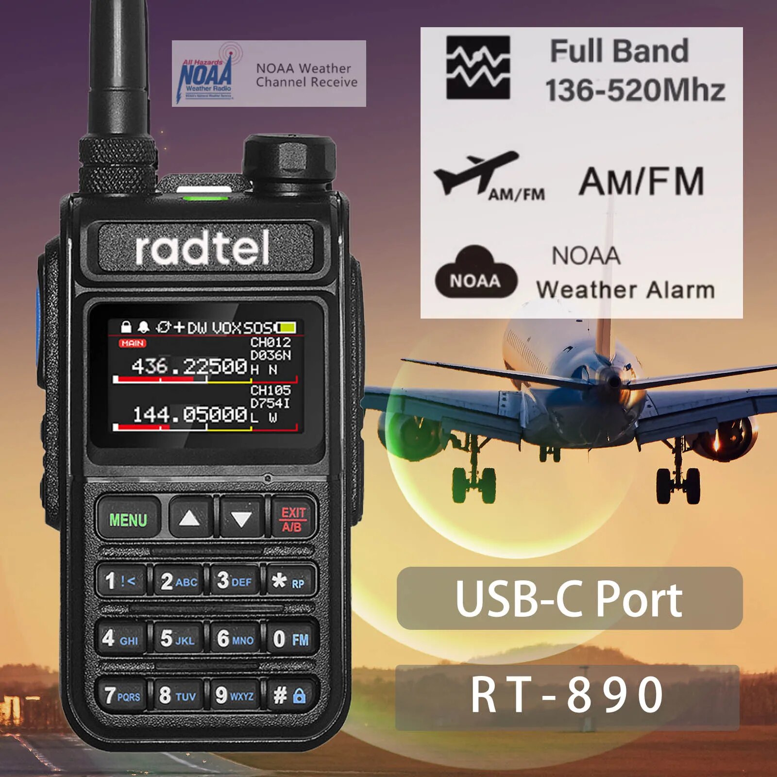 Radtel RT-890 Vollband-Amateurfunk 2-Wege-Radio 999CH Walkie Talkie AM Air Aviation Band Farbscanner Marine NOAA Scan