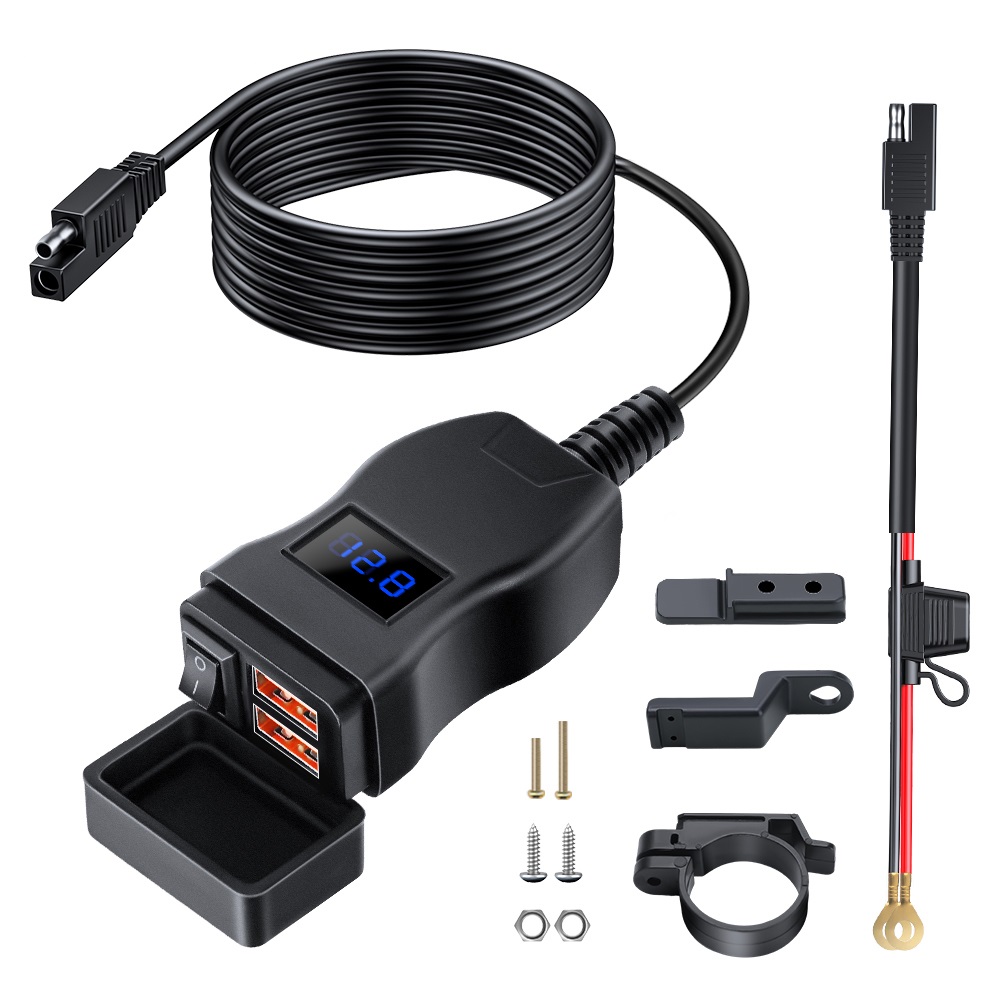 Extractme QC3.0 Motorcycle USB Charger 12V Waterproof Socket Handlebar Cell Quick Charger Adapter with Voltmeter Motor Accessory: Orange