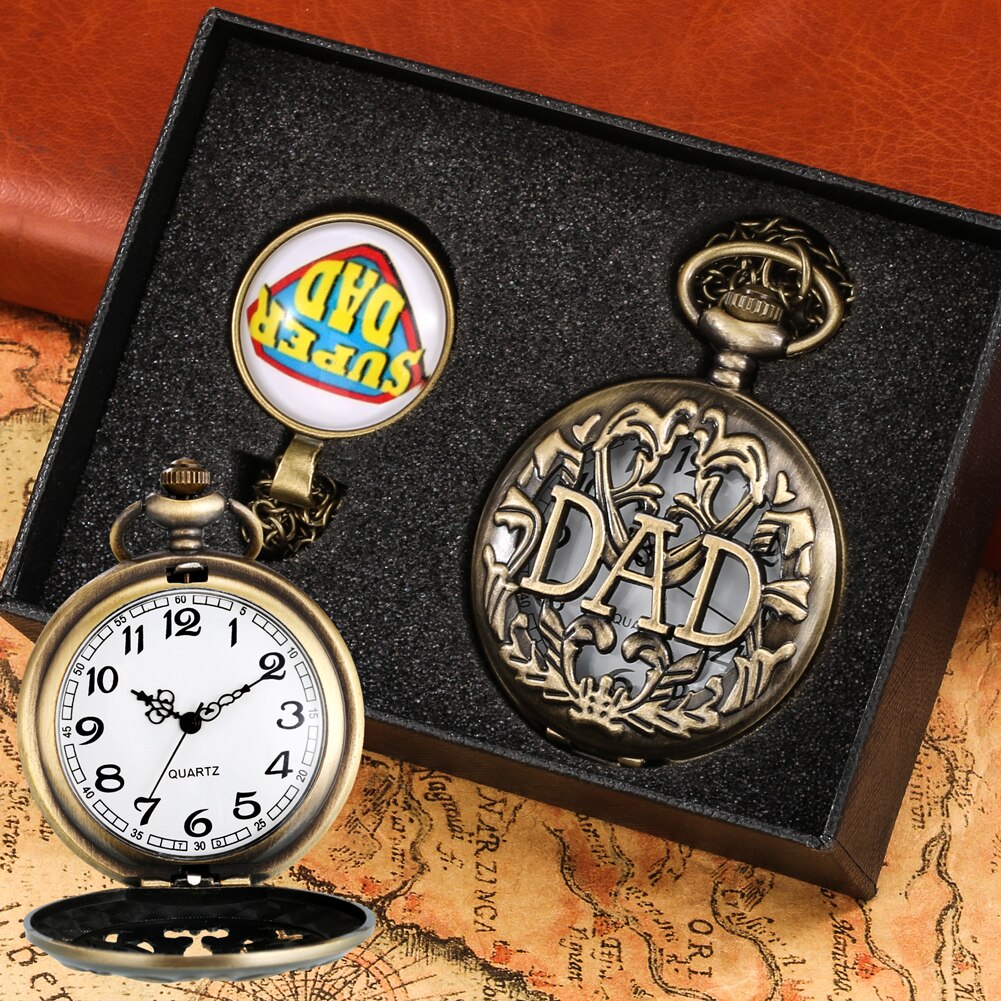 Vaders Dag Quartz Zakhorloge Hollow Gesneden Dad Zakhorloge Retro Creatieve Hanger Klok Ketting Ketting Super Dad