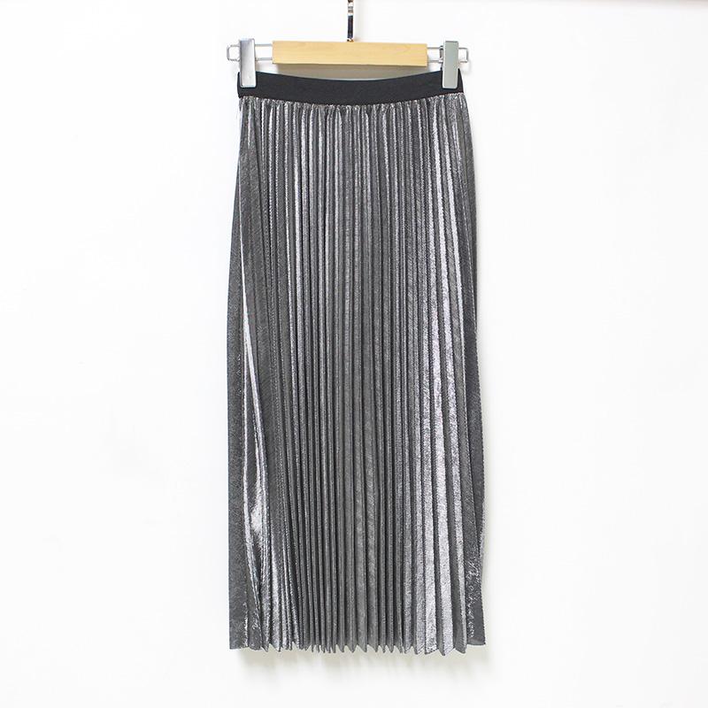 Filles plissé métal brillant argent jupe femmes décontracté Vintage mi-long a-ligne métallique daim jupes femme automne/hiver jupes: Argent