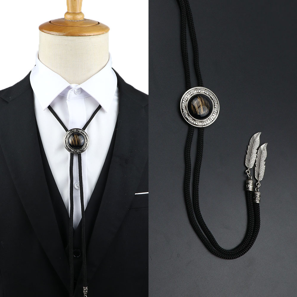 Bolo Tie Necklace - Leather Rope Chain - Plaid Pattern - Cowboy Jazz Style - Unisex Adult Accessory: Silver