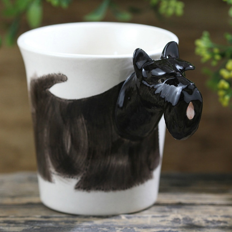 Svart skotsk terrier hund kaffe kopper og krus 3d tegneserie håndtegnet dyr hund krus te melk keramikk kopp nyhet