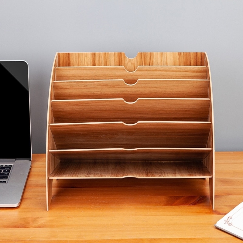Fan-Shaped Wooden Desktop File Holder Office Desk Organizer DIY Document File Cabinet Multifunction Magazine Book Shelf M17F