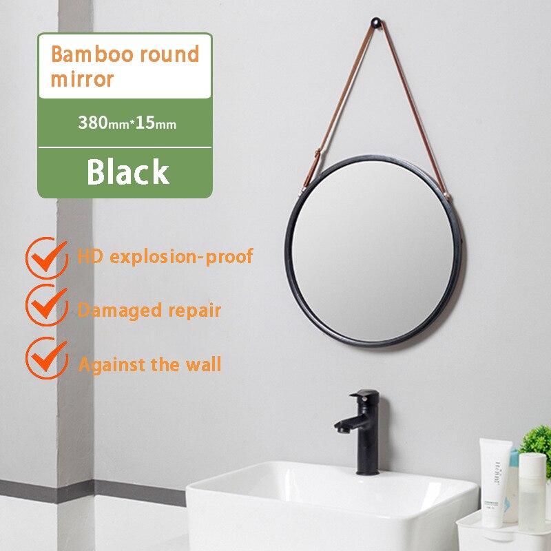 Espejo de pared redondo colgante para baño, marco de bambú sólido y correa de cuero ajustable, decoración de dormitorio, espejo redondo de maquillaje: Black 38cm