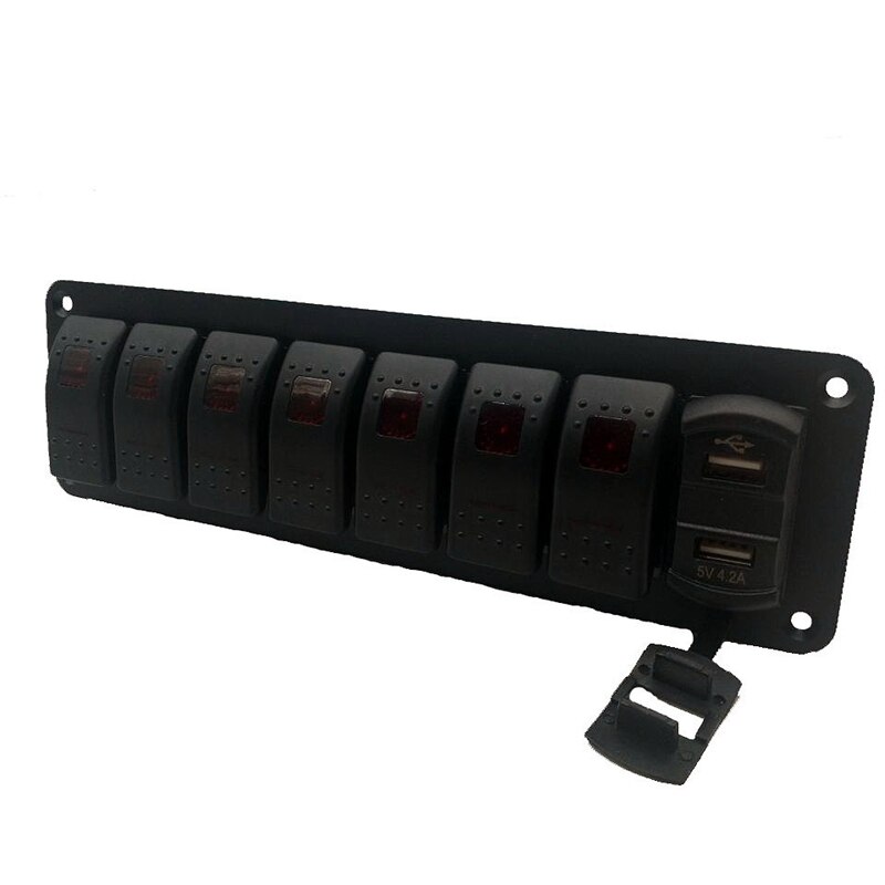 Vanntett Marine Båt Vippebryter Panel 8 Gang 12V/24V Kretsbryter Doble USB Lysknapp
