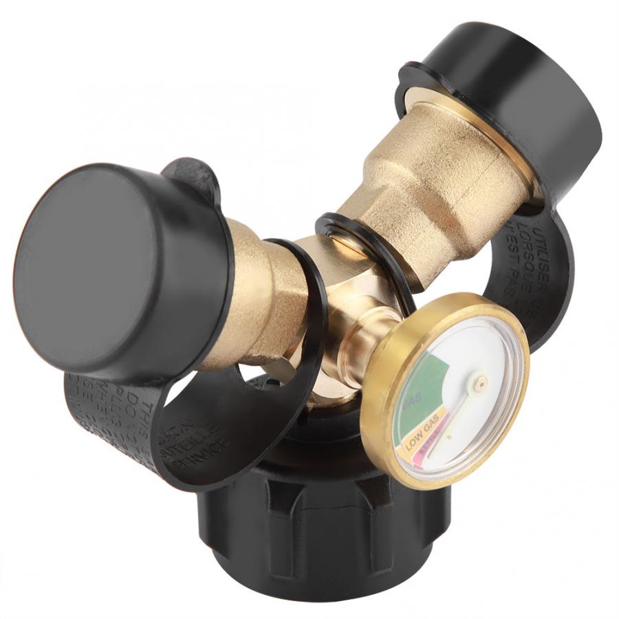 Brass BBQ Propane Adapter Connector Y-Splitter Tee Adapter With Gauge Pressure Meter Camping Tool